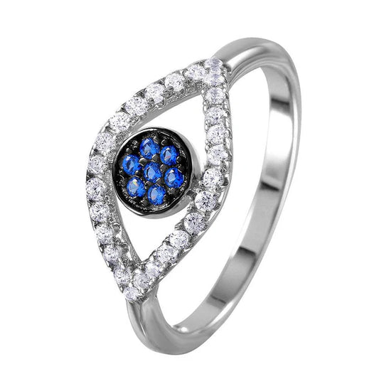 Sterling Silver 925 Open Evil Eye Ring with Blue Center Stones - SSLR050