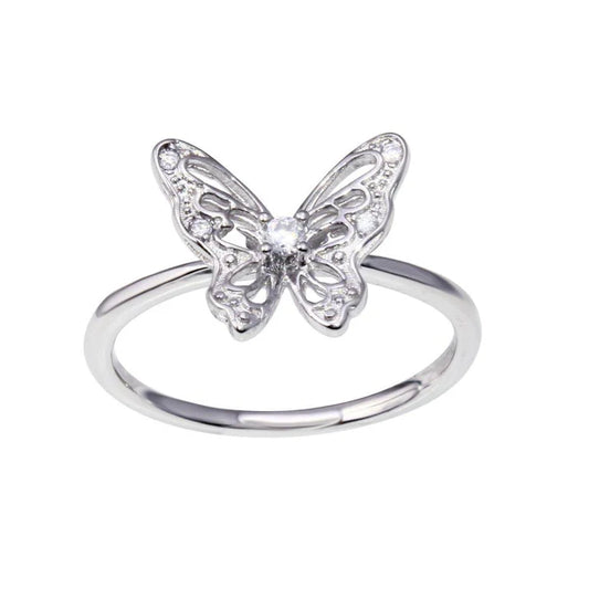 Sterling Silver 925 Rhodium Plated Butterfly Clear CZ Ring - SSLR062