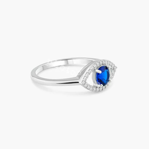 Sterling Silver 925 Open Evil Eye CZ Ring with Blue CZ Center Stone - SSLR053