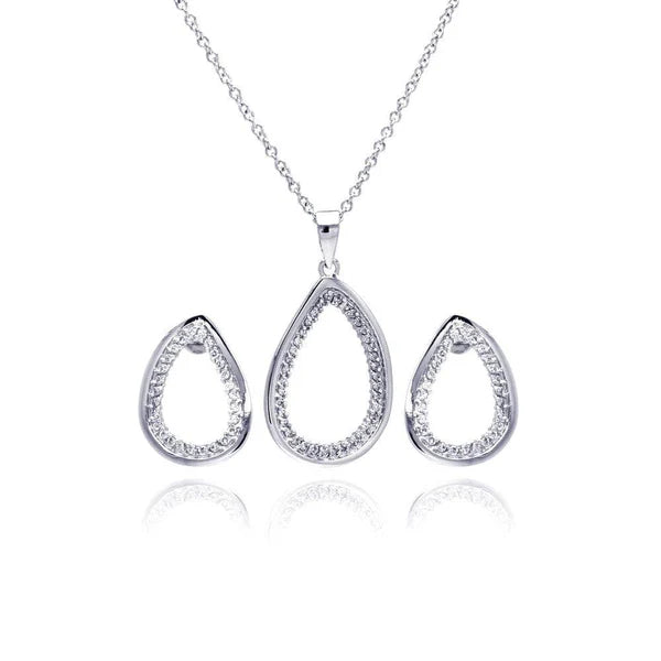 Sterling Silver 925 Clear Open Teardrop CZ Stud Earring and Necklace Set - SSLJS015