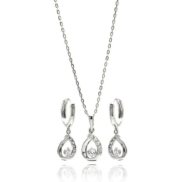 Sterling Silver 925 Open Teardrop Clear CZ Leverback Earring and Necklace Set - SSLJS013