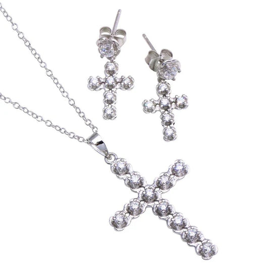 Sterling Silver 925 Clear Cross CZ Stud Earring and Necklace Set - SSLJS005