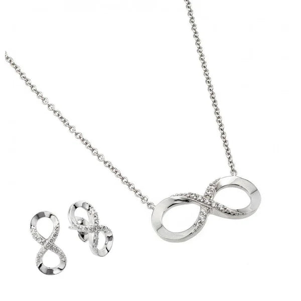 Sterling Silver 925 Clear Inlay Infinity CZ Stud Earring and Necklace Set - SSLJS011