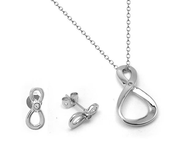 Sterling Silver 925 Figure 8 Infinity Single Set Clear CZ Stud Earring and Necklace Set - SSLJS010