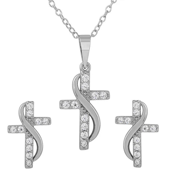 Sterling Silver 925 CZ Cross With Sash Earrings And Necklace Set - SSLJS003