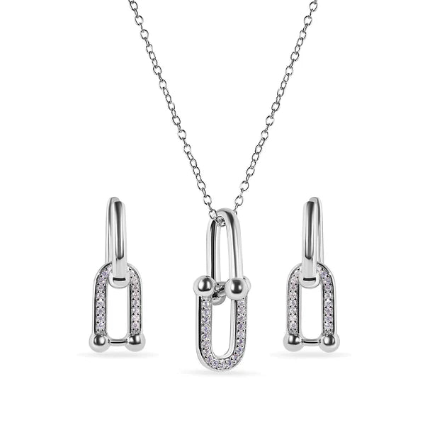 Sterling Silver 925 Round Bow Paperclip Clear CZ Necklace and Hoop Earring Matching Set - SSLJS001