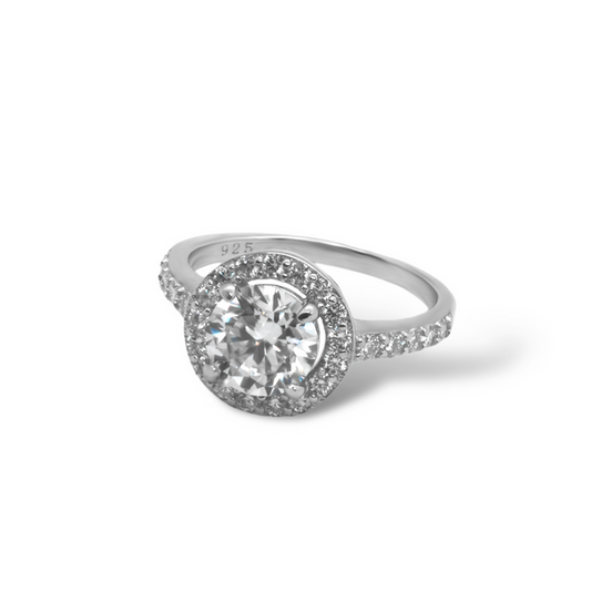 Sterling Silver Moissanite Engagement Ring featuring 1.20ct (7.0mm) Round Brilliant Cut Center Stone with Round Halo