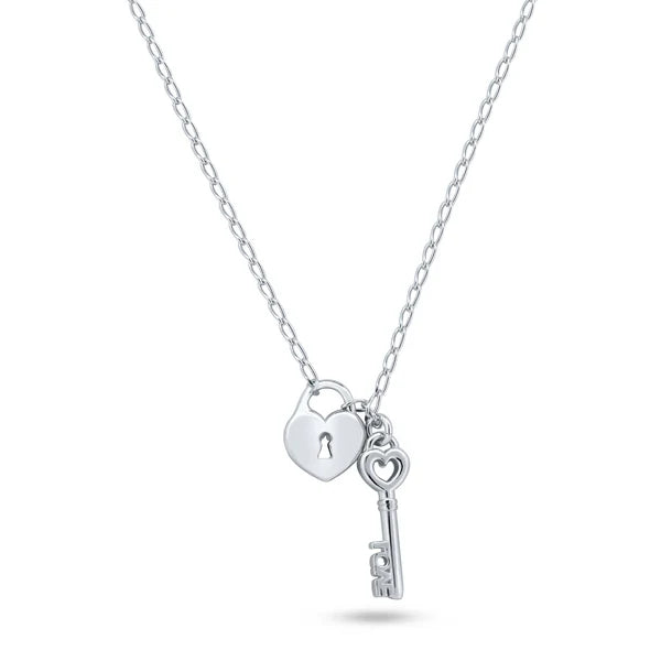 Sterling Silver 925 Medium Love Key and Heart Lock Pendant Necklace - SSLPN041