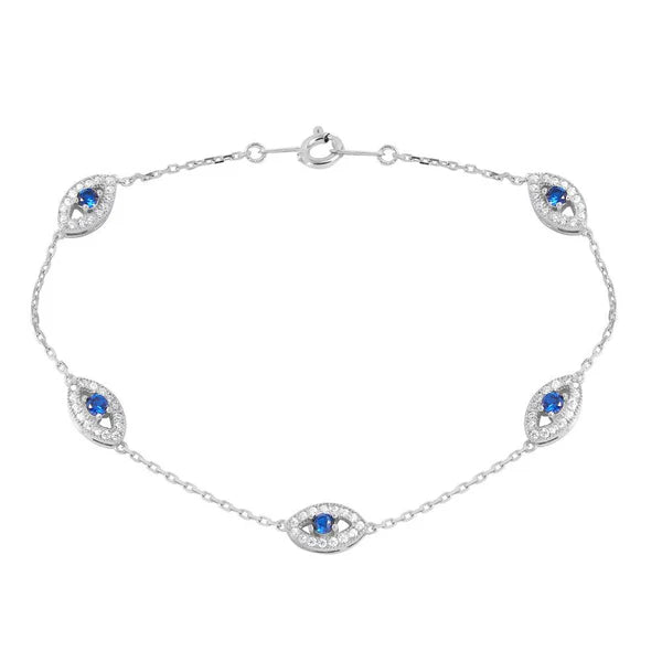 Sterling Silver 925 Small Round Evil Eye Chain Bracelet - SSLB028