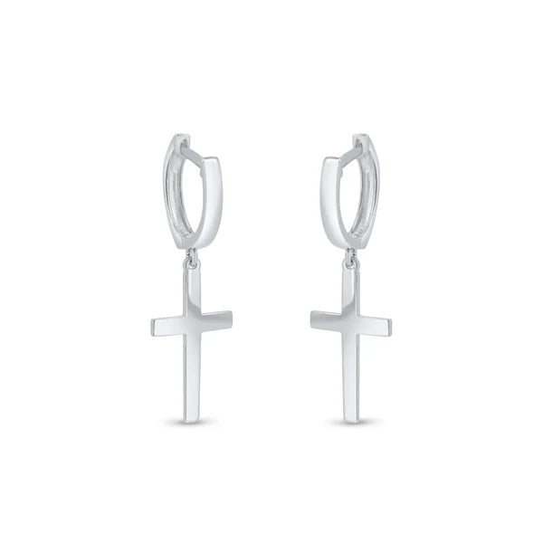 Sterling Silver 925 Rhodium Plated Cross 10mm Huggie Hoop Earrings - SSLE013