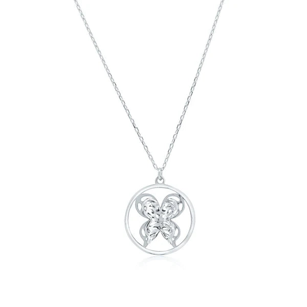 Sterling Silver 925 Butterfly Round 3D Diamond Cut Pendant Necklace - SSLPN039