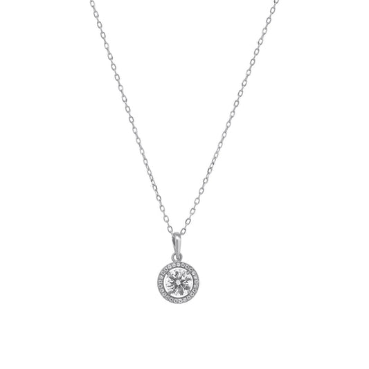 Sterling Silver Moissanite Necklace Border Style featuring a Round Brilliant Cut Solitaire 1.00ct (6.5mm) with Round Halo