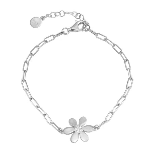 Sterling Silver 925 Paperclip Flower CZ Chain Bracelet - SSLB012