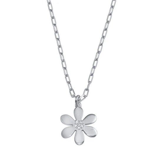 Sterling Silver 925 Paperclip Chain Flower CZ Pendant Necklace - SSLPN022