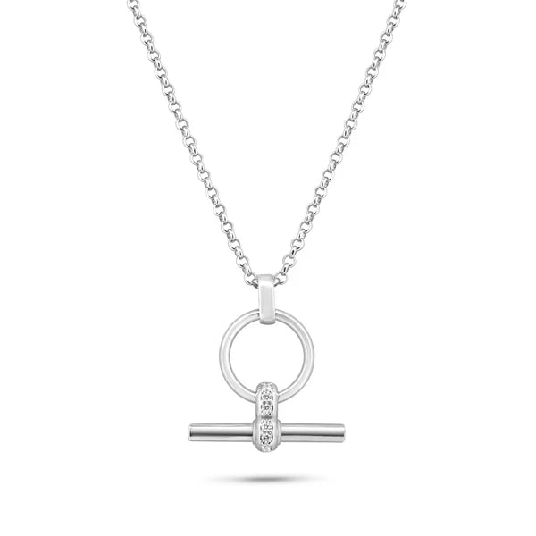 Sterling Silver 925 Toggle Charm Bar Rolo Adjustable Clear CZ Pendant Necklace - SSLPN036