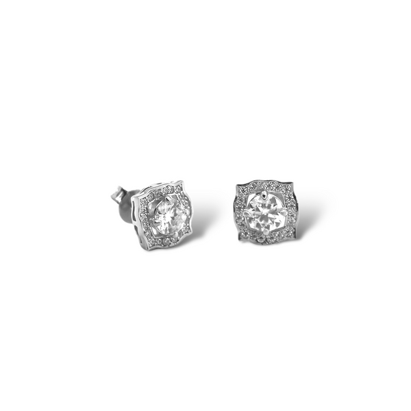 Sterling Silver Moissanite Stud Earrings featuring a Round Brilliant Cut Center Stone 0.50ct (5.0mm) with Square Halo