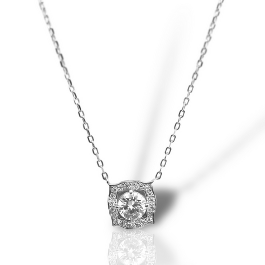 Sterling Silver Moissanite Necklace featuring a Round Brilliant Cut Solitaire Center 0.80ct (6mm) with Square Halo