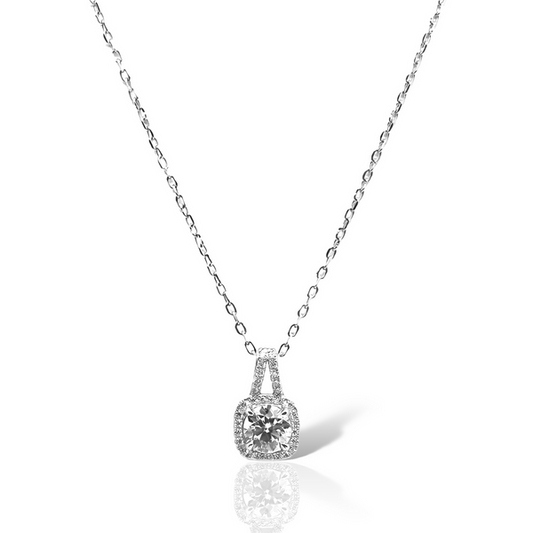 Sterling Silver Moissanite Necklace featuring a Round Brilliant Cut Solitaire Center 0.80ct (6.0mm) with Square Halo