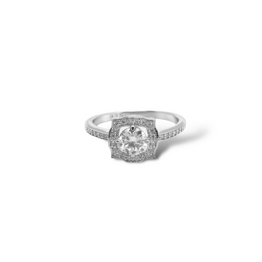 Sterling Silver Moissanite Ring featuring a 0.50ct (5mm) Round Brilliant Cut Center Stone with Square Halo