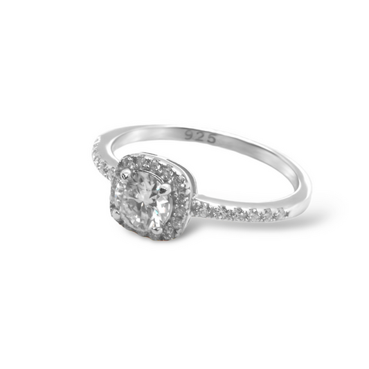 Sterling Silver Moissanite Ring featuring a 0.50ct (5mm) Round Brilliant Cut Center Stone with Square Halo