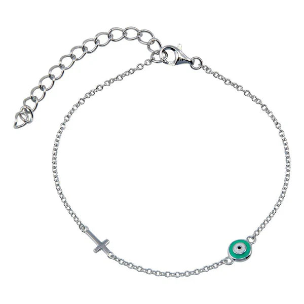 Sterling Silver 925 Enamel Evil Eye with Cross Bracelet - SSLB033