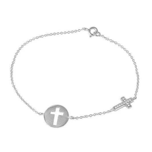 Pulsera de plata de ley 925 con dije de cruz y disco - SSLB025 