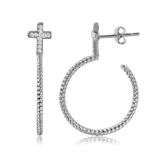 Sterling Silver 925 Rope Designed Semi Hoop Earrings on a CZ Cross - SSLE012