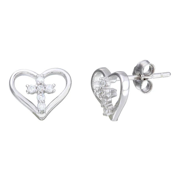 Sterling Silver 925 Cross in Heart Stud Earrings - SSLE024