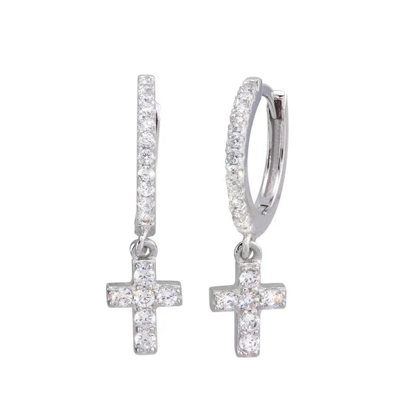 Sterling Silver 925 Dangling Cross CZ Huggie Hoop Earrings - SSLE011