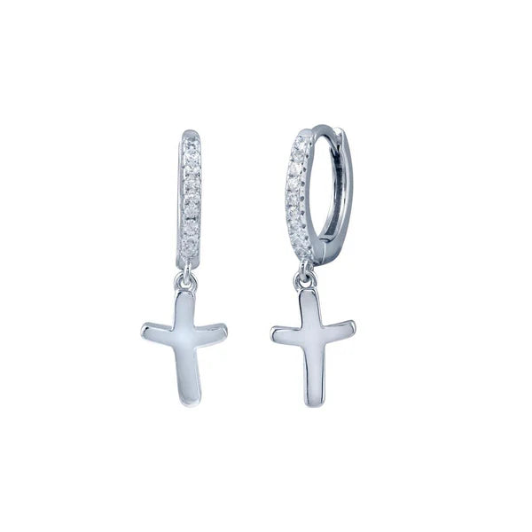 Sterling Silver 925 Huggie Hoop Cross CZ Earring - SSLE009