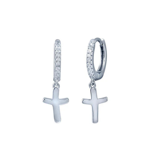 Sterling Silver 925 Huggie Hoop Cross CZ Earring - SSLE009