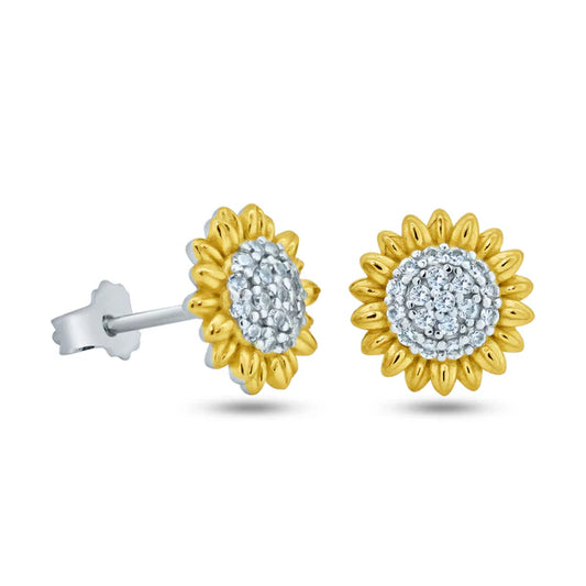 Sterling Silver 925 Rhodium and Gold-Plated Sunflower CZ Stud Earrings - SSLE028