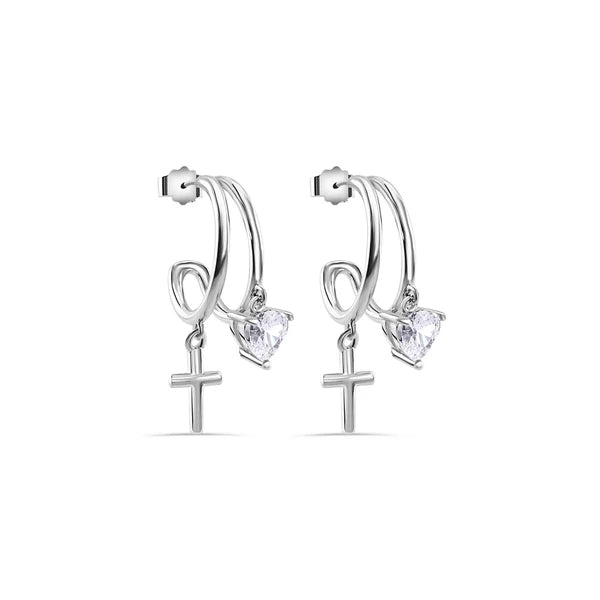 Sterling Silver 925 Heart and Cross Hoop Earring - SSLE017