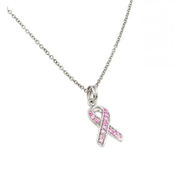 Sterling Silver 925 Pink Ribbon CZ Pendant Necklace - SSLPN010