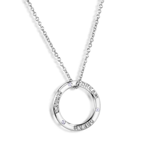 Sterling Silver 925 Clear CZ Open Circle DREAM Engraved Necklace - SSLPN012