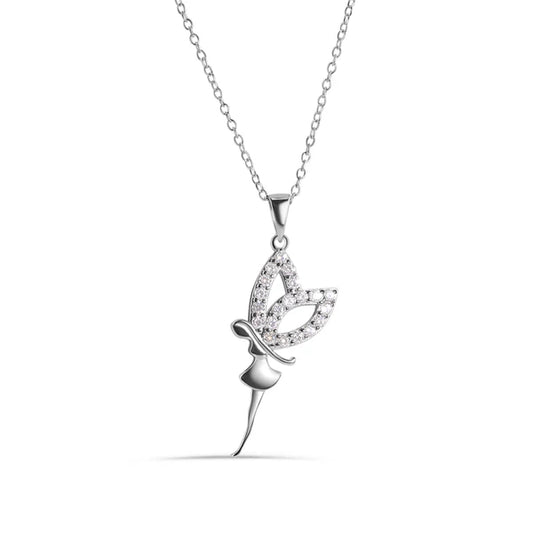 Sterling Silver 925 Fairy with Clear CZ Wings Adjustable Pendant Necklace - SSLPN045