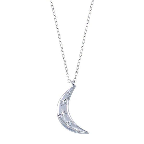 Sterling Silver 925 Moon CZ Pendant Necklace - SSLPN019