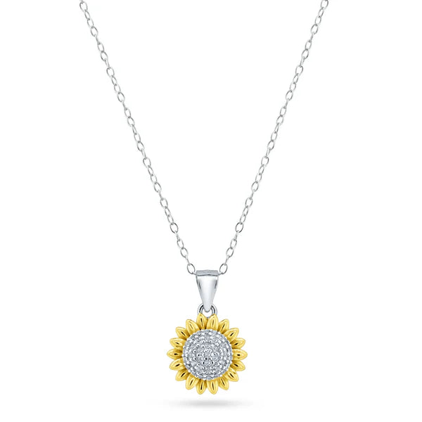 Sterling Silver 925 Rhodium and Gold-Plated Sunflower CZ Pendant Necklace - SSLPN059