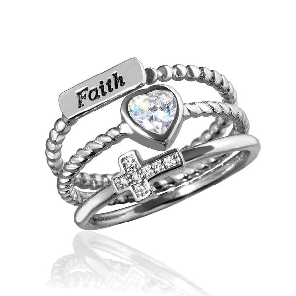 Sterling Silver 925 Triple Band Faith Heart Cross Ring with CZ - SSLR057