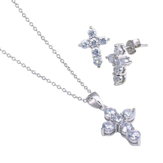 Sterling Silver 925 Cross CZ Stud Earring and Necklace Set - SSLJS004