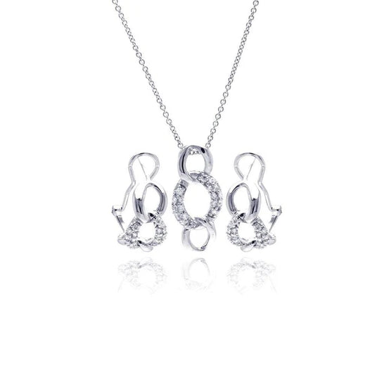 Sterling Silver 925 Open Circle Link CZ Lever Back Earring and Necklace Set - SSLJS014