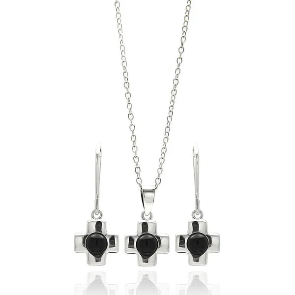 Sterling Silver 925 Cross Center Black Onyx Lever Back Dangling Earring and Necklace Set - SSLJS006