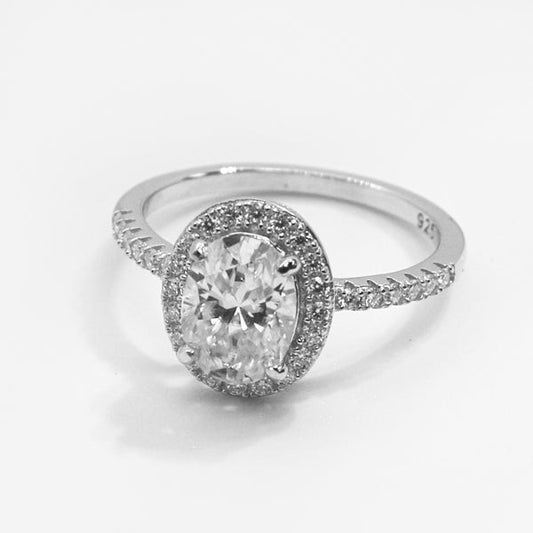 Sterling Silver Moissanite Ring featuring 1.50ct (6mm by 8mm) Oval Cut Center Stone with Oval Halo