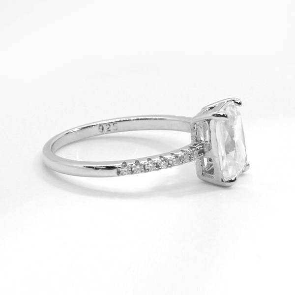 Sterling Silver Moissanite Ring featuring 2.00ct (6mm by 8mm) Emerald Cut Center Stone